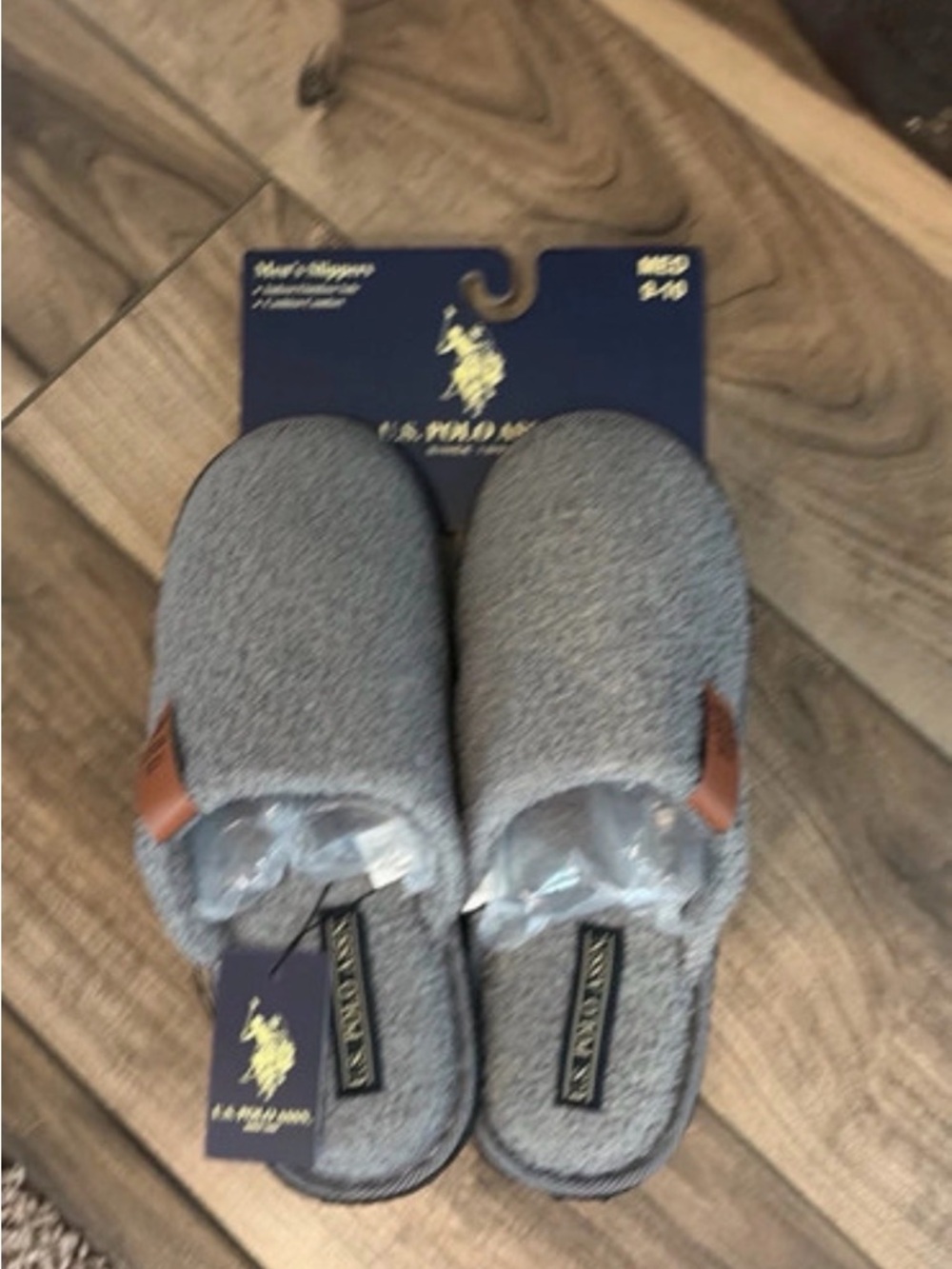 U.S. Polo Assn. Gray Plush Slip-On Slippers with Brown Accent